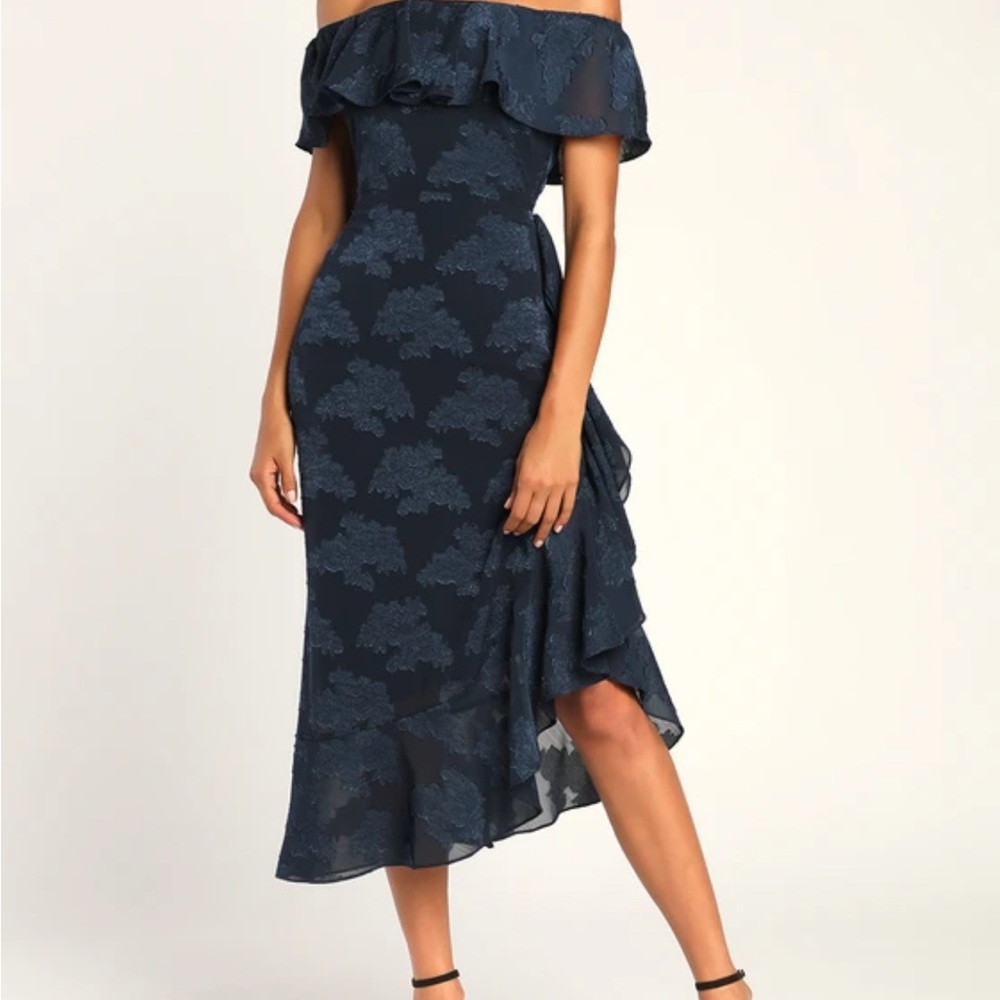 Lulu's 
Pretty Perfect Navy Floral Burnout Off-The-Shoulder Midi Dress